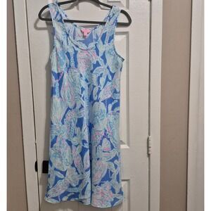 Lilly Pulitzer Blue Pink Sea Shell Starfish 100% Linen Sleeveless Shift Dress M